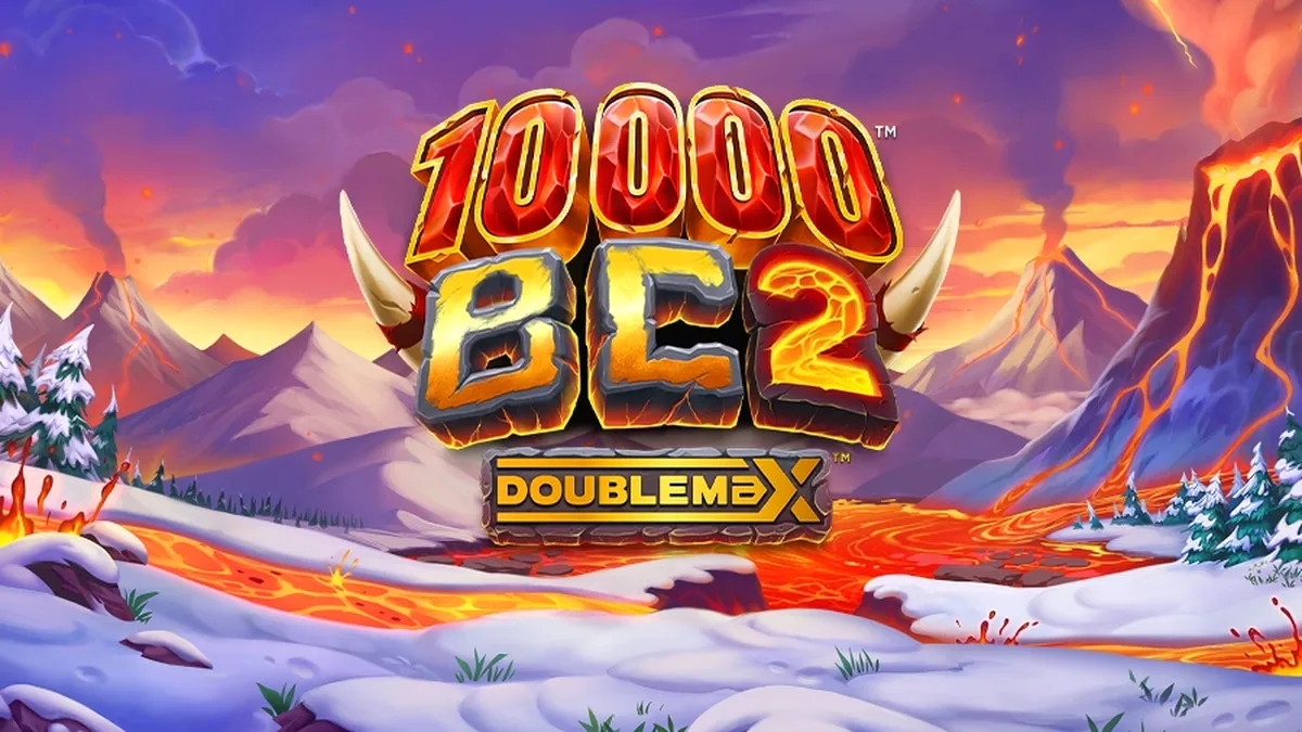 Cena de jogo do slot 10000 BC DoubleMax 2 com mamute e vulcão