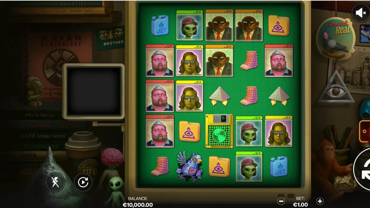 Interface do slot Truth com temática de conspiração e estética retrô