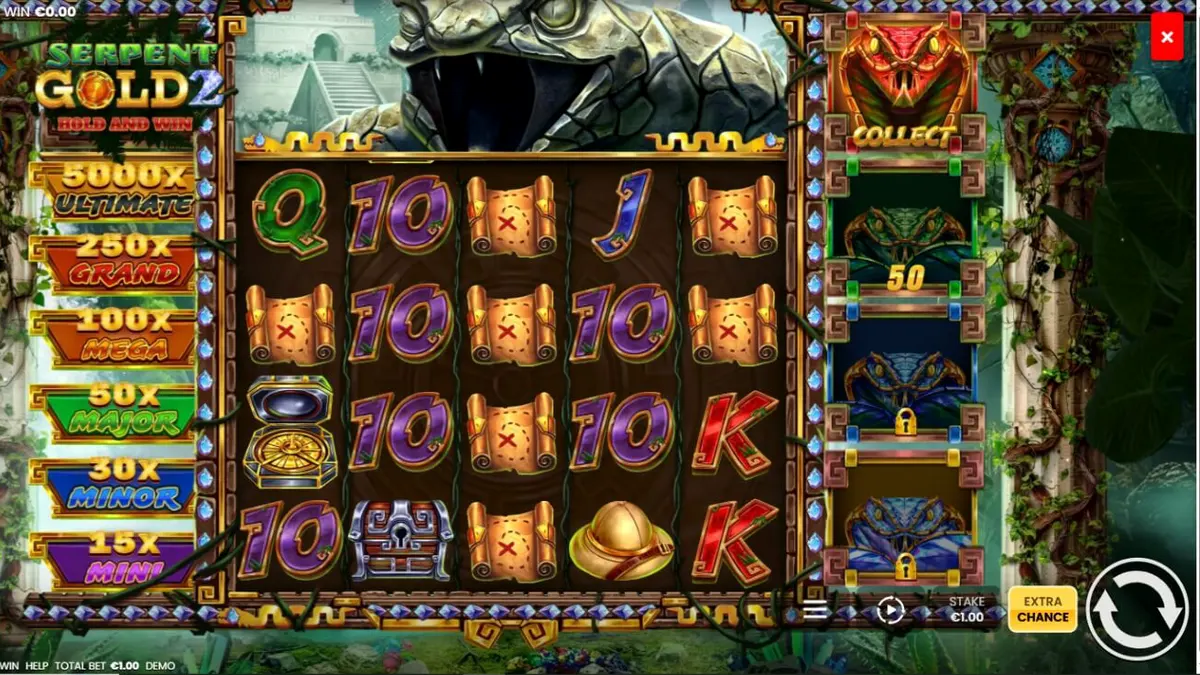 Cenário de selva mística e ruínas antigas em Serpent Gold 2: Hold and Win
